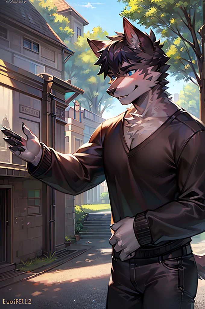 a furry gray wolf, gray fur, blue eyes, gray short hair, medium muscular body, handsome, good looking, wearing a casual shirt, fierce expression, cool pose, in a park background, (best quality,4k,8k,highres,masterpiece:1.2),ultra-detailed,(realistic,photorealistic,photo-realistic:1.37),detailed facial features,detailed eyes,detailed nose,detailed lips,extremely detailed face,longeyelashes