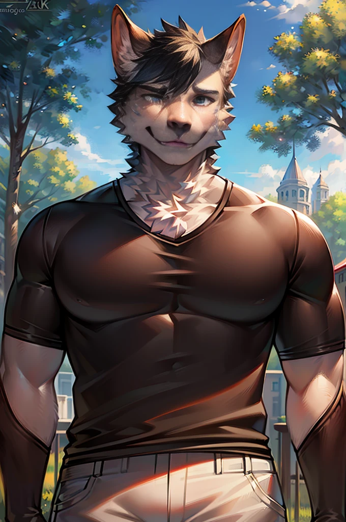 a furry gray wolf, gray fur, blue eyes, gray short hair, medium muscular body, handsome, good looking, wearing a casual shirt, fierce expression, cool pose, in a park background, (best quality,4k,8k,highres,masterpiece:1.2),ultra-detailed,(realistic,photorealistic,photo-realistic:1.37),detailed facial features,detailed eyes,detailed nose,detailed lips,extremely detailed face,longeyelashes