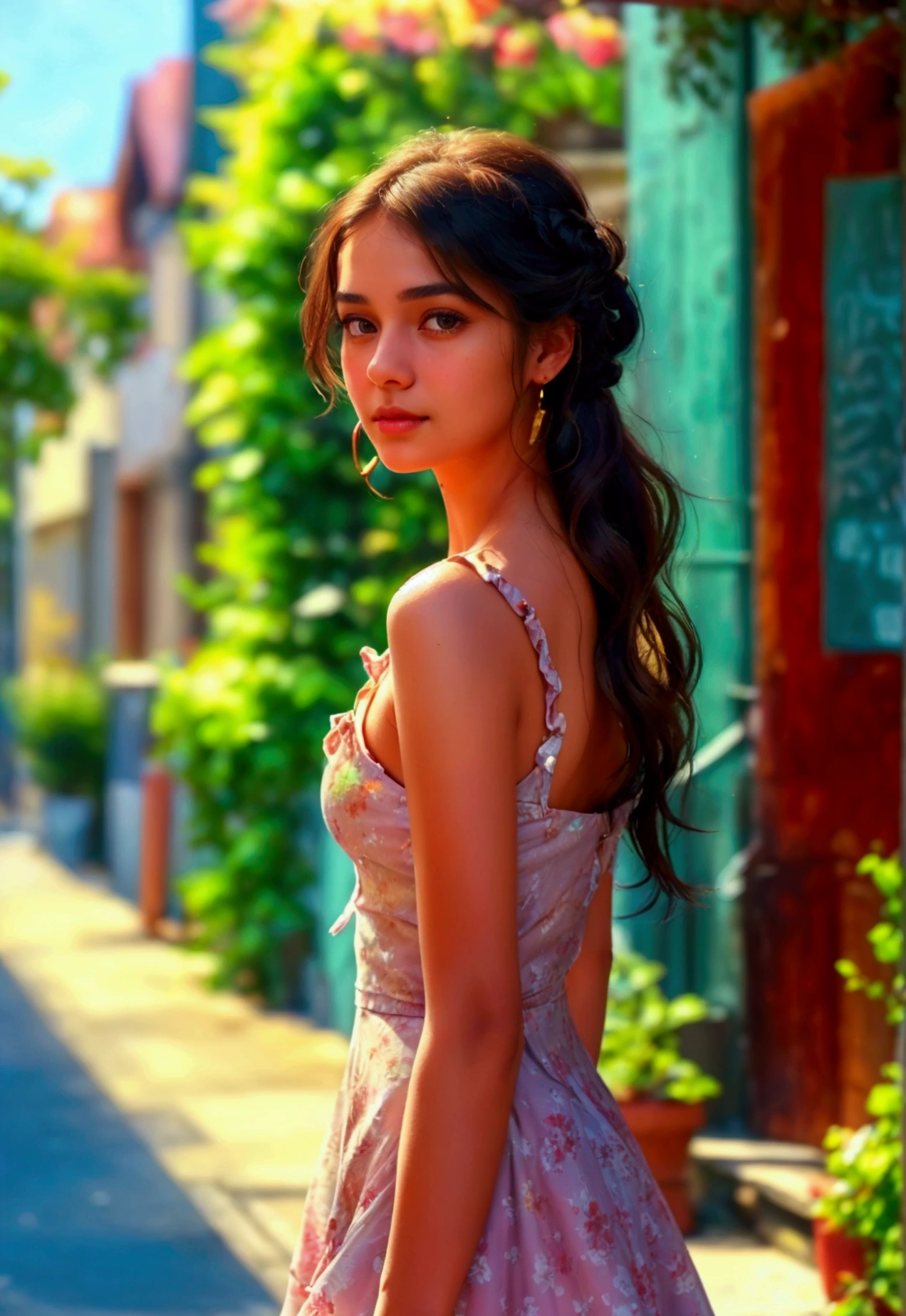 (anika) A realistic portrait of a young woman named (anika) stepping out of her house in a well-maintained city neighborhood. She is dressed in a stylish summer outfit, including a short, fashionable dress that accentuates her figure. Her long, dark hair is styled in loose waves, and she has a confident and friendly expression. The background is ultra-realistic, featuring well-kept buildings, clean streets, and trees lining the sidewalks. Natural lighting highlights her facial features, her outfit, and the vibrant city atmosphere of a sunny summer day.
