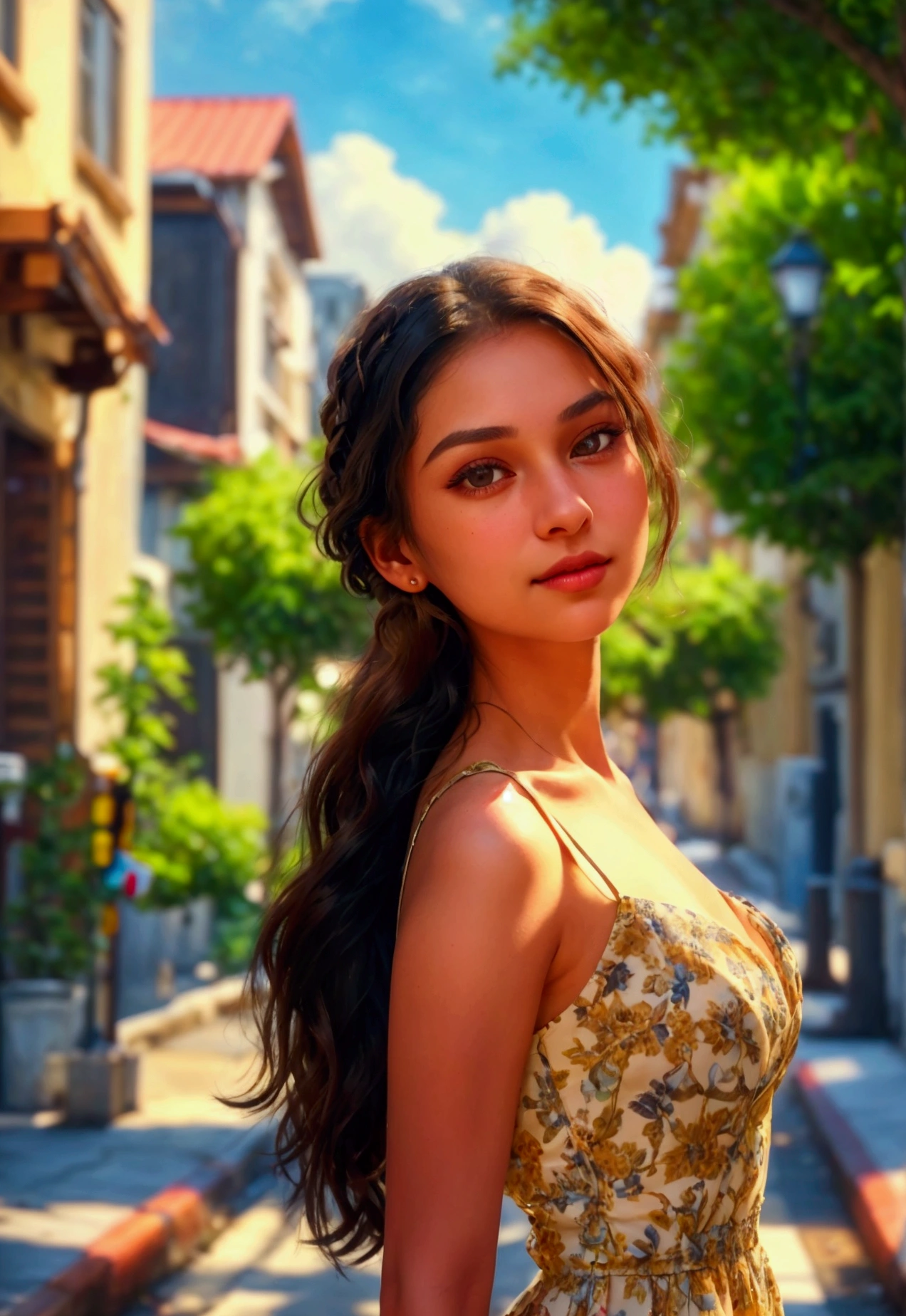 (anika) A realistic portrait of a young woman named (anika) stepping out of her house in a well-maintained city neighborhood. She is dressed in a stylish summer outfit, including a short, fashionable dress that accentuates her figure. Her long, dark hair is styled in loose waves, and she has a confident and friendly expression. The background is ultra-realistic, featuring well-kept buildings, clean streets, and trees lining the sidewalks. Natural lighting highlights her facial features, her outfit, and the vibrant city atmosphere of a sunny summer day.