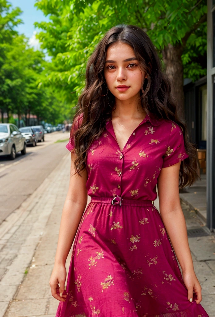 (anika) A realistic portrait of a young woman named (anika) stepping out of her house in a well-maintained city neighborhood. She is dressed in a stylish summer outfit, including a short, fashionable dress that accentuates her figure. Her long, dark hair is styled in loose waves, and she has a confident and friendly expression. The background is ultra-realistic, featuring well-kept buildings, clean streets, and trees lining the sidewalks. Natural lighting highlights her facial features, her outfit, and the vibrant city atmosphere of a sunny summer day.