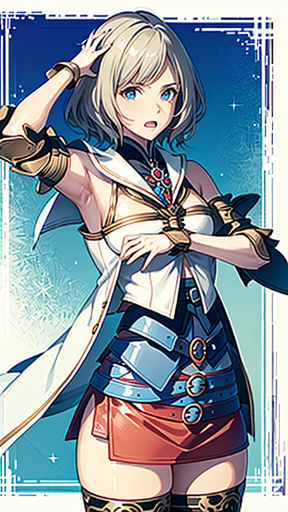 White background,appearance々Facial expressions,cowboy shot,(masutepiece, of the highest quality, Best Quality, Official art, Beautiful and aesthetic:1.2), ighly detailed, Colorful,highest details,Illustrations,Everyday scenery, 1girl in, Solo, (Final Fantasy 12,Ashelia, shorth hair,short-hair ,Ashelia Costume,Red mini skirt, thighs thighs thighs thighs, Knee socks that cover up to the shin,jewely, Blue belt,Number on one of the belts), is standing, gritted teeth, Heavy breathing, move chart,Medieval fantasy,amazed or stunned expression