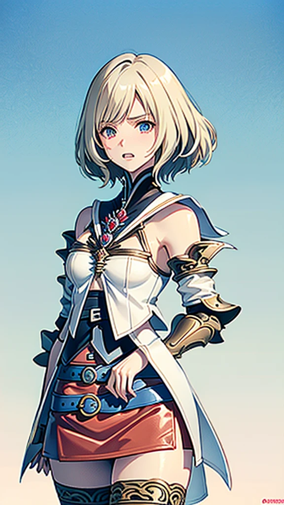 White background,appearance々Facial expressions,cowboy shot,(masutepiece, of the highest quality, Best Quality, Official art, Beautiful and aesthetic:1.2), ighly detailed, Colorful,highest details,Illustrations,Everyday scenery, 1girl in, Solo, (Final Fantasy 12,Ashelia, shorth hair,short-hair ,Ashelia Costume,Red mini skirt, thighs thighs thighs thighs, Knee socks that cover up to the shin,jewely, Blue belt,Number on one of the belts), is standing, gritted teeth, Heavy breathing, move chart,Medieval fantasy,amazed or stunned expression