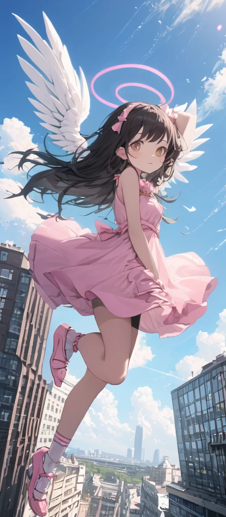 (masterpiece, best quality),from above , 1 little angel girl, solo, (feathered White angel wings:1.2), yellow halo floating on top of her head,billboard, brown eyes, black hair, building, city, cloudy sky, pink sleeveless short dress,pink bow on her dress,pink sandal, floating in the air \(machine\), dutch angle, from front, light frown, looking at viewer, outdoors, 