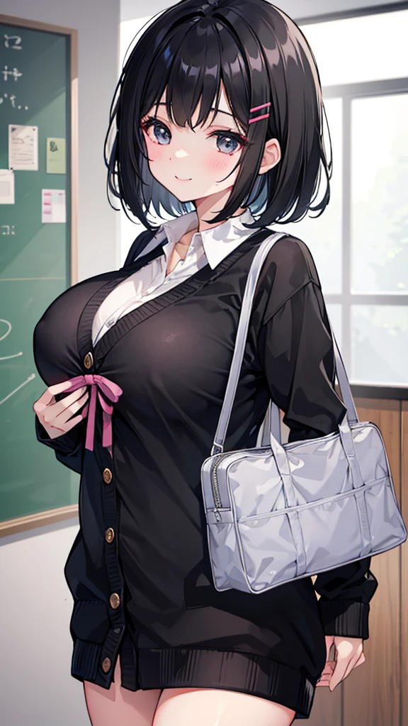 Short black hair and dark eyes、， girl、Huge Breasts、Smile、、knitted cardigan、There are bright spots around the eyes、cute hairpin、I can see the whole body、School，Nipple showing