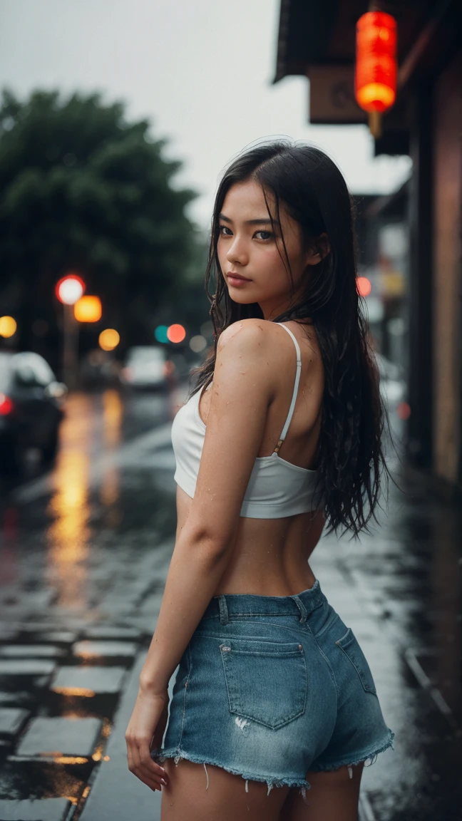 1girl,solo,long hair,Rough skin,(looking at viewer:1.2),wet hair,micro_shorts,dark,polaroid,(depth_of_field:1.5),rainy days,outdoors,street,hair between eyes,moody lighting,Tyndall effect,Cinematic Lighting,night,lamppost,lens flare,available light,rim light,glowing neon lights,curvy,chinese_style, fruit Designer his hands fruits