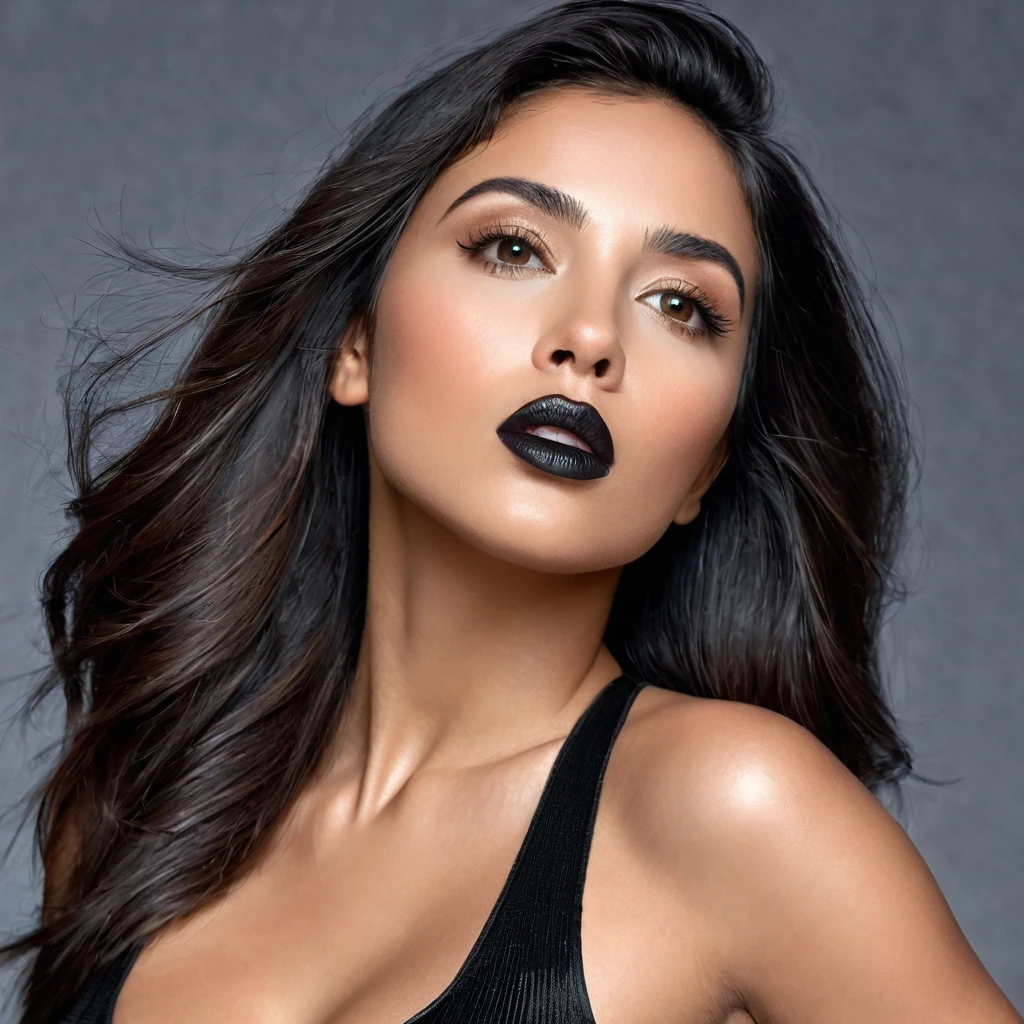 A photoreal close up of a stunning 28-year-old Latina model looking up to the sky, straight black hair, and striking grey eyes. Facing straight to the camera. Her beautiful lips with black lipstick accentuate her wheatish skin with light brown tone highlights. Dressed in a chic black top, the image should be full body shot, 8k hdr, high detailed, and focused on capturing her mesmerizing beauty, soft day lighting.

