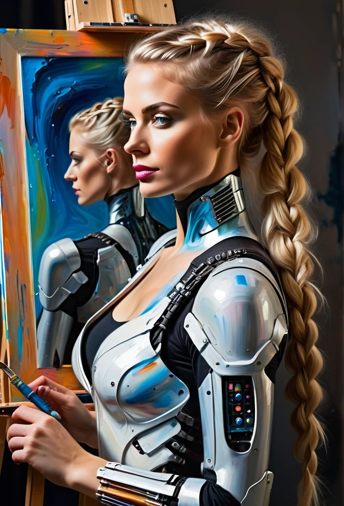 The easel, the paints, the artist, standing Full-length, Sexy cyborg woman drawing self-portrait in oil paints, french braid, blonde hair