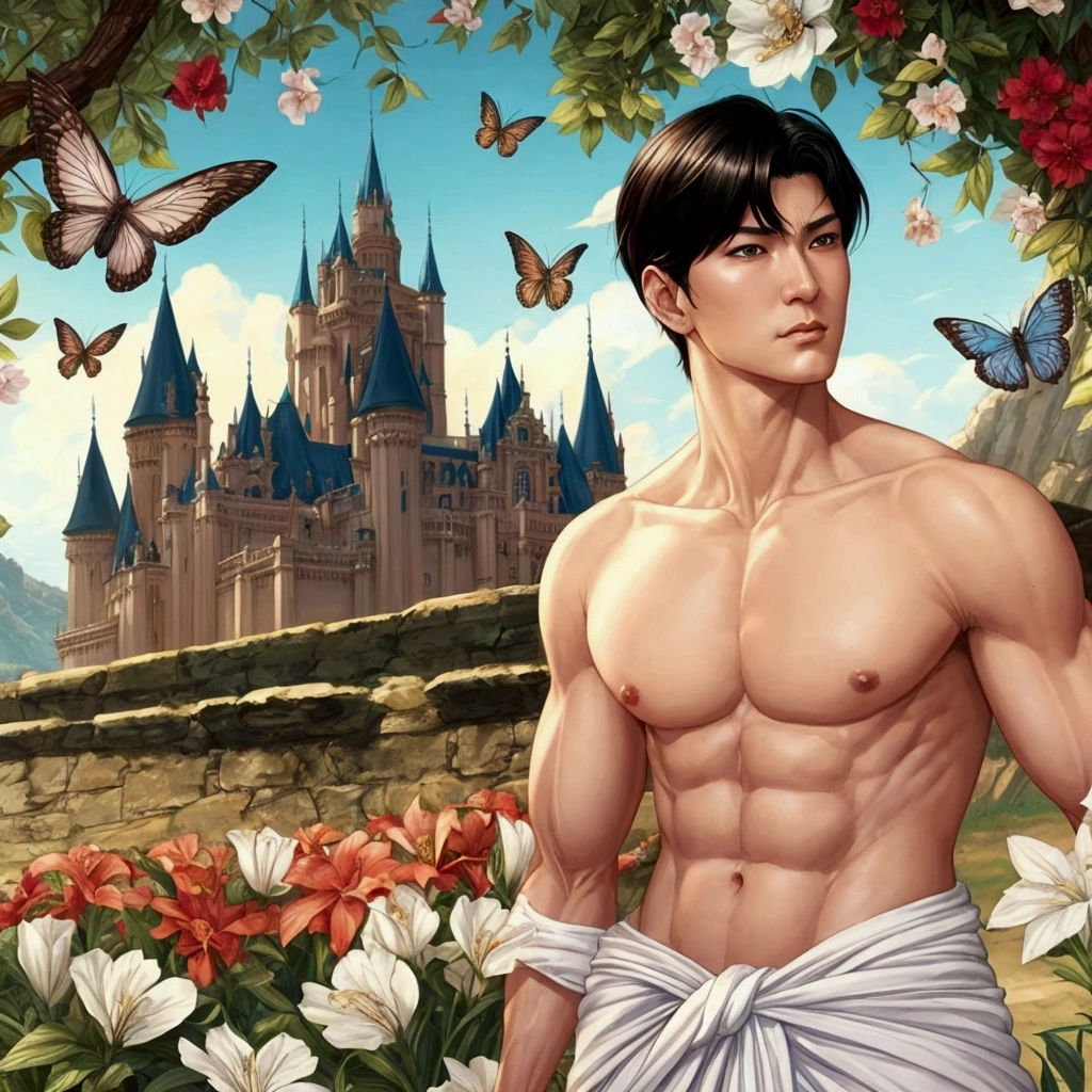 a close up of a man in a white towel standing in front of a castle, frank cho, cliff chiang, charlie bowater and mark brooks, rick dai, castle scene manga, ross tran and bayard wu, damian kryzwonos, beautiful androgynous prince, delicate androgynous prince, akehiko inoue and ross tran