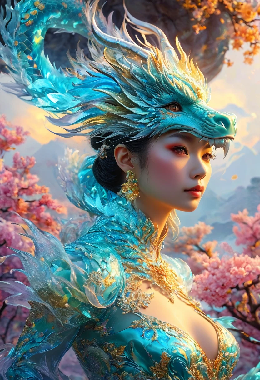 8K masterpiece, Highest quality, Highest quality, Official Art, (Beauty and aesthetics: 1.3), Very detailed, (Fractal Art: 1.3), colorful, Ice and Chinese dragon, Serpentine body, nail, cyan and 1 Woman, Hanwomen&#39;s Media, Hanfu, cyan