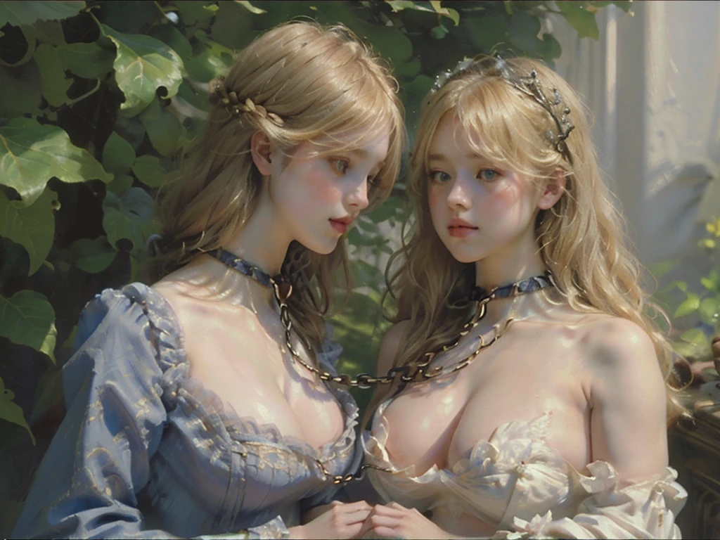 2girls,pov, women, seductive stare, ((((linked collar, collar linked together by a chain, collars linked by chain, linked together with chain)))), ((18 yo, detailed face, feminine skin)) , fit , (young) , beautiful , (((pale skin, wavy blonde hair))), dreamy, loving stare, bright magical fairytale fantasy atmosphere, sexy, flowers in hair, surrounded by flowers, happy, playful, ((big soft heavy breasts, busty cleavage, maid, huge tits)), in love, magical mist energy, hair flower, blush, pretty, elegant, cute, youthful, teen, teenager, choker, collar, ((huge hanging boobs)), (((Baroque court dress, fantasy, aesthetic of softness and gentleness and innocence and fertility, ruby necklace)))
