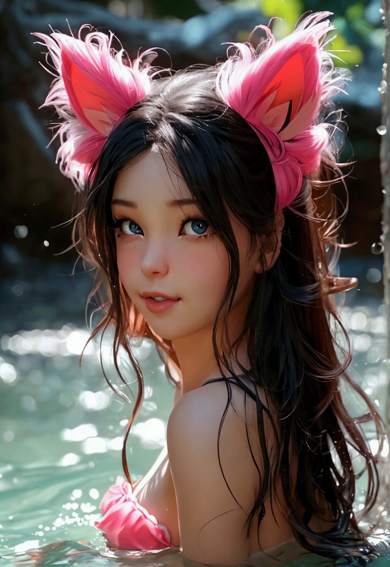 "Good morning, dear Sister Amanda," he greets, his eyes inadvertently lingering on the playful cuteness of her catgirl outfit, the design subtly revealing her youthful innocence. She looks up, a gesture that accentuates her high cheekbones and the allure of her bright, innocent eyes. "Oh, this old thing?" she chuckles, her cheeks flushing slightly, oblivious to the charm and seductiveness her attire exudes. The shallow depth of field softens the background, focusing on her vibrant personality and the intricate details of her adorable cat ears and tail. The entire scene is a captivating blend of youthful innocence and subconscious Artful and aesthetically pleasing Ero-style photograph captures a teenage girl bathing in a secluded stream, transforming the scene into a masterpiece of erotic art. Her cascading dark waves of hair flow naturally, enhancing the overall sensuality of the image. Her eyes, filled with a mischievous spark, are half-lidded, hinting at the exhilaration and anticipation that lies ahead. The depth of field is shallow, keeping the focus solely on her, establishing a sense of intimacy and isolation. The subtle blush on her cheeks and the goosebumps on her arms add to the image's realism, making it a truly award