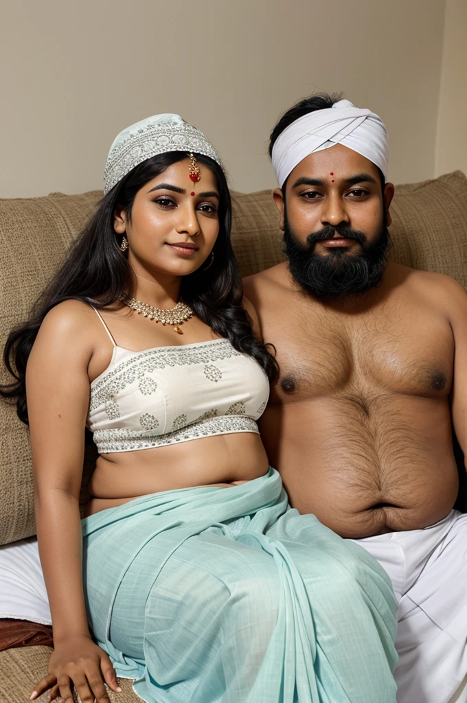 A indan hindu married wife wearing saree looking little chubby sleep with a man who wear white skullcap on his head and half beard on his face