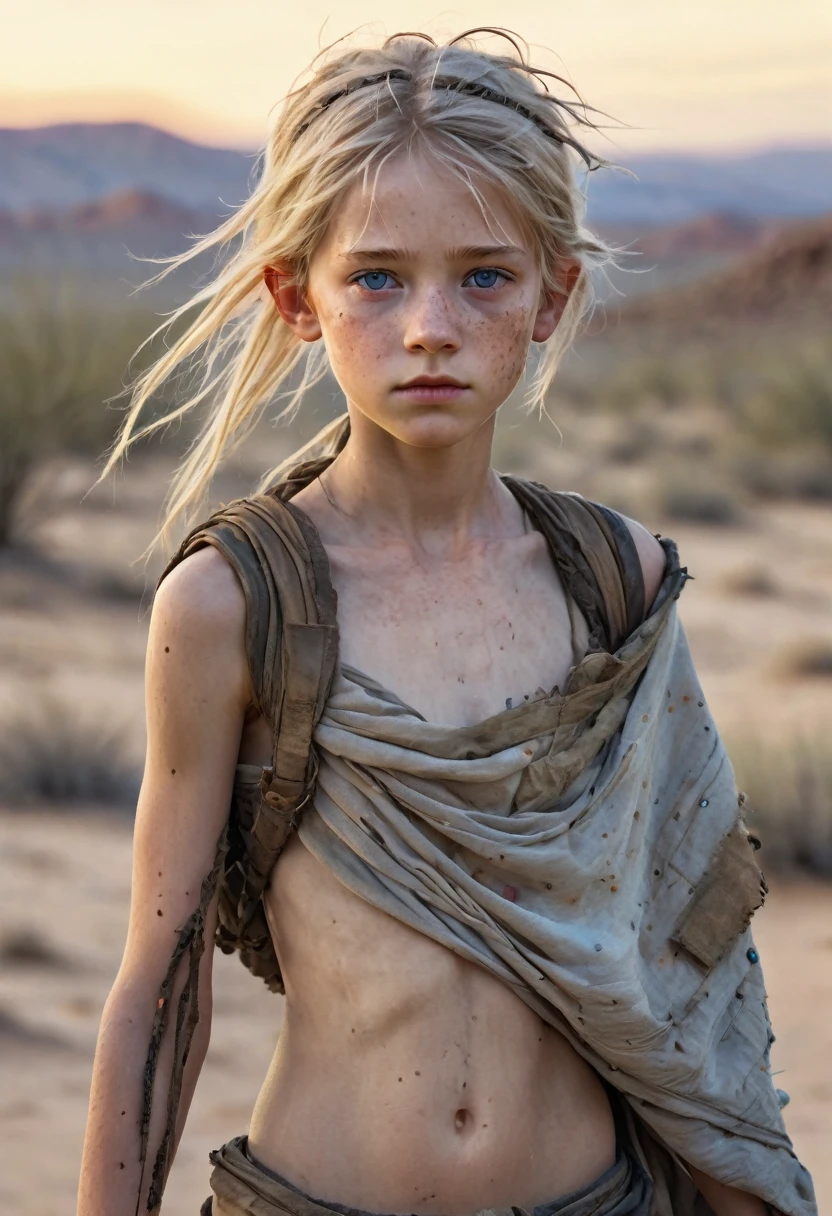 Masterpiece, half body shot, transitioning to a desert landscape at sunset, a lone figure walking, a beautiful 11 years old young American tween girl emerges wearing beautiful post apocalyptic nomadic clothes, very pale skin, light blond hair, blue-grey eyes, a few very light freckles, skinny runners body, very small breasts, very detailed face, ultra realistic face, very beautiful thin face, clean face, exhausted face, young looking, very young, juvenile face, post-apocalyptic clothing. Layers of tattered fabric, unconventional accessories, an aura of survival and resilience, 16K, ultra high res.photorealistic, UHD, RAW, DSLR,naked 