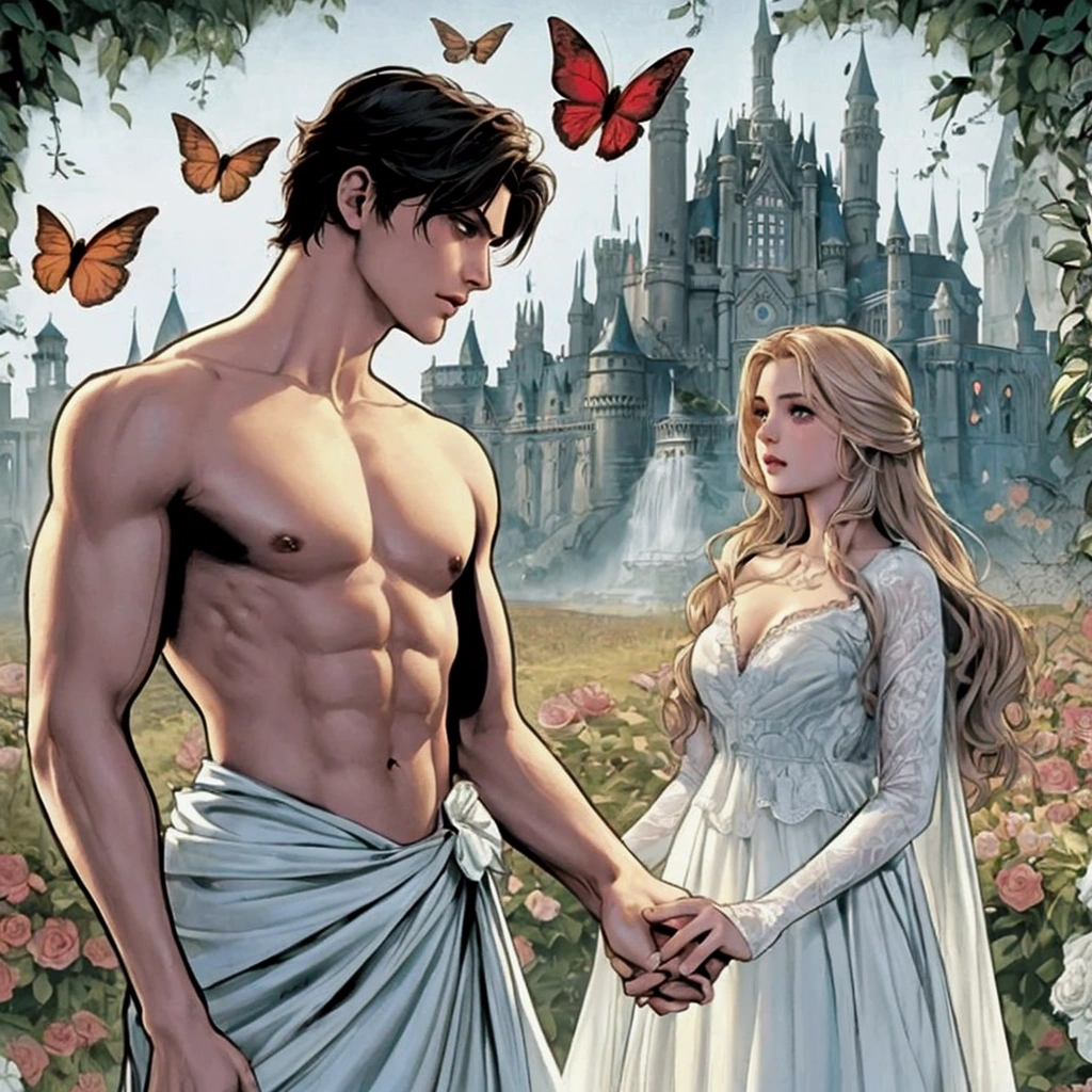 a close up of a person holding a hand near a woman, romance novel cover, charlie bowater and mark brooks, edmund blair and charlie bowater, zenescope, comic cover art, charlie bowater and artgeem, j. scott campbell, romantic storybook fantasy, castle scene manga, official art, frank cho, j scott campbell, graphic novel cover art