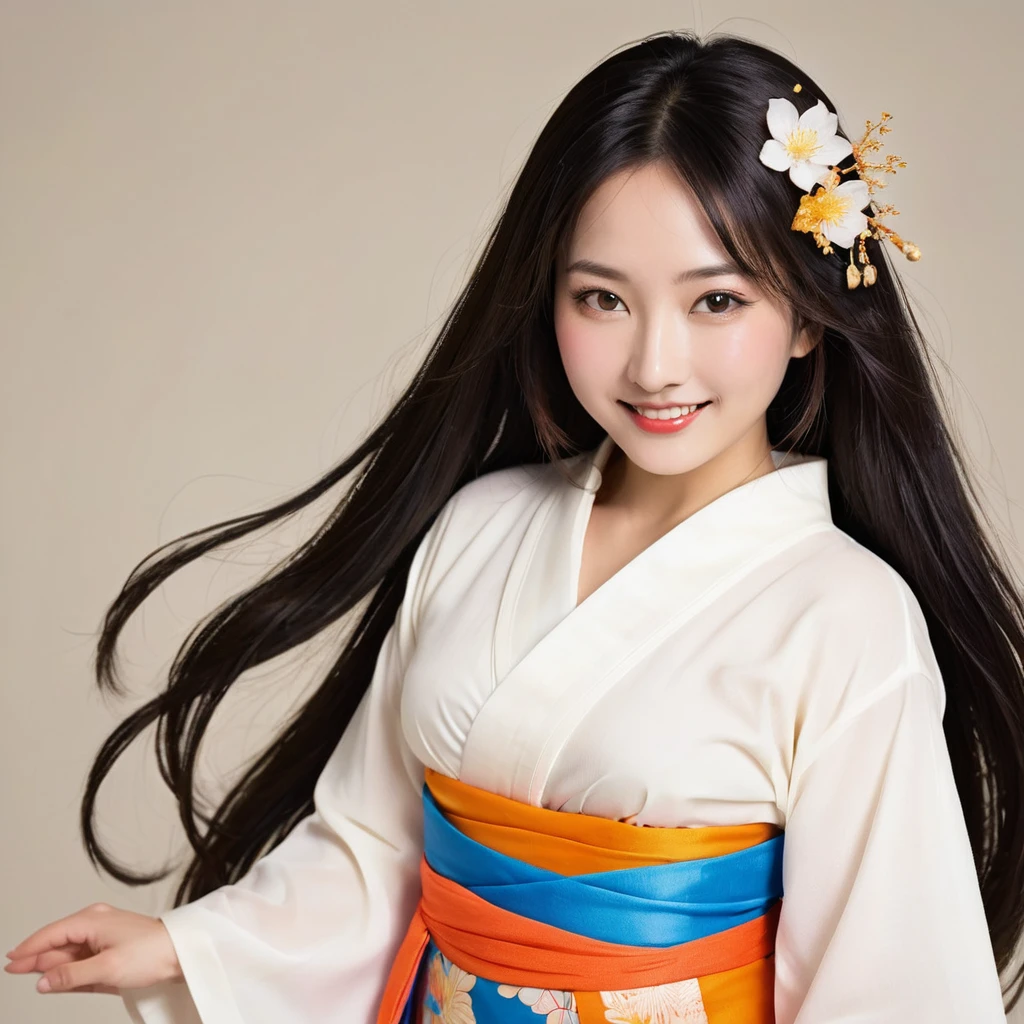 Ame-no-Uzume, the Shinto goddess from Kojiki, depicted in a realistic style. She is a cheerful and bright figure, known for her dance to coax Amaterasu out of the cave. She is portrayed as a beautiful woman with flowing, lush hair that moves gracefully with her dance. She wears vibrant, colorful garments that enhance her movements and add to her radiant appearance. Her expression is joyful and lively, with a captivating smile that brings happiness and energy to those around her. She is adorned with elaborate jewelry, emphasizing her divine and festive nature. The background is lively and celebratory, reflecting her role in bringing light and joy. Background, live venue, full house, enthusiastic fans, spotlight