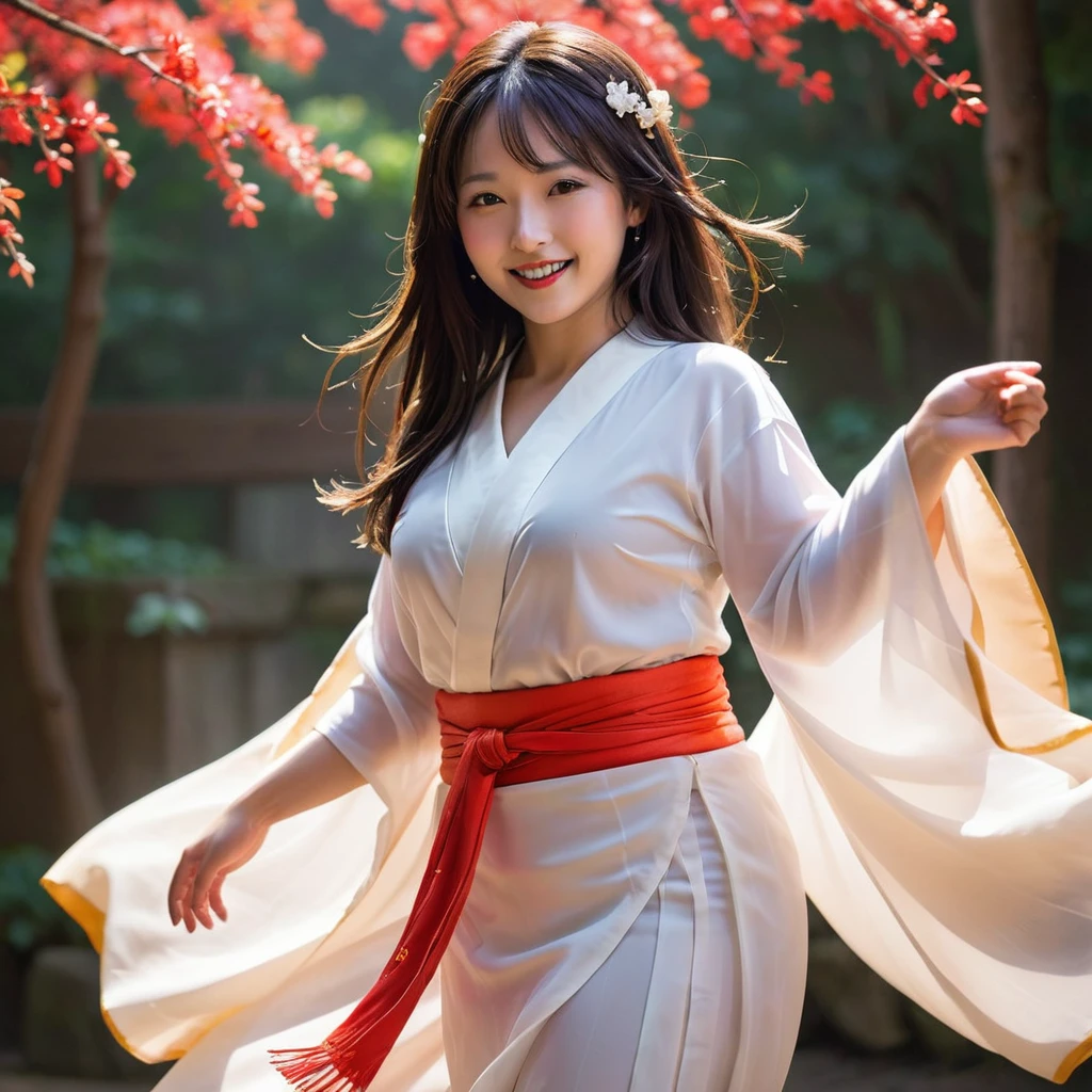 Ame-no-Uzume, the Shinto goddess from Kojiki, depicted in a realistic style. She is a cheerful and bright figure, known for her dance to coax Amaterasu out of the cave. She is portrayed as a beautiful woman with flowing, lush hair that moves gracefully with her dance. She wears vibrant, colorful garments that enhance her movements and add to her radiant appearance. Her expression is joyful and lively, with a captivating smile that brings happiness and energy to those around her. She is adorned with elaborate jewelry, emphasizing her divine and festive nature. The background is lively and celebratory, reflecting her role in bringing light and joy. Background, live venue, full house, enthusiastic fans, spotlight