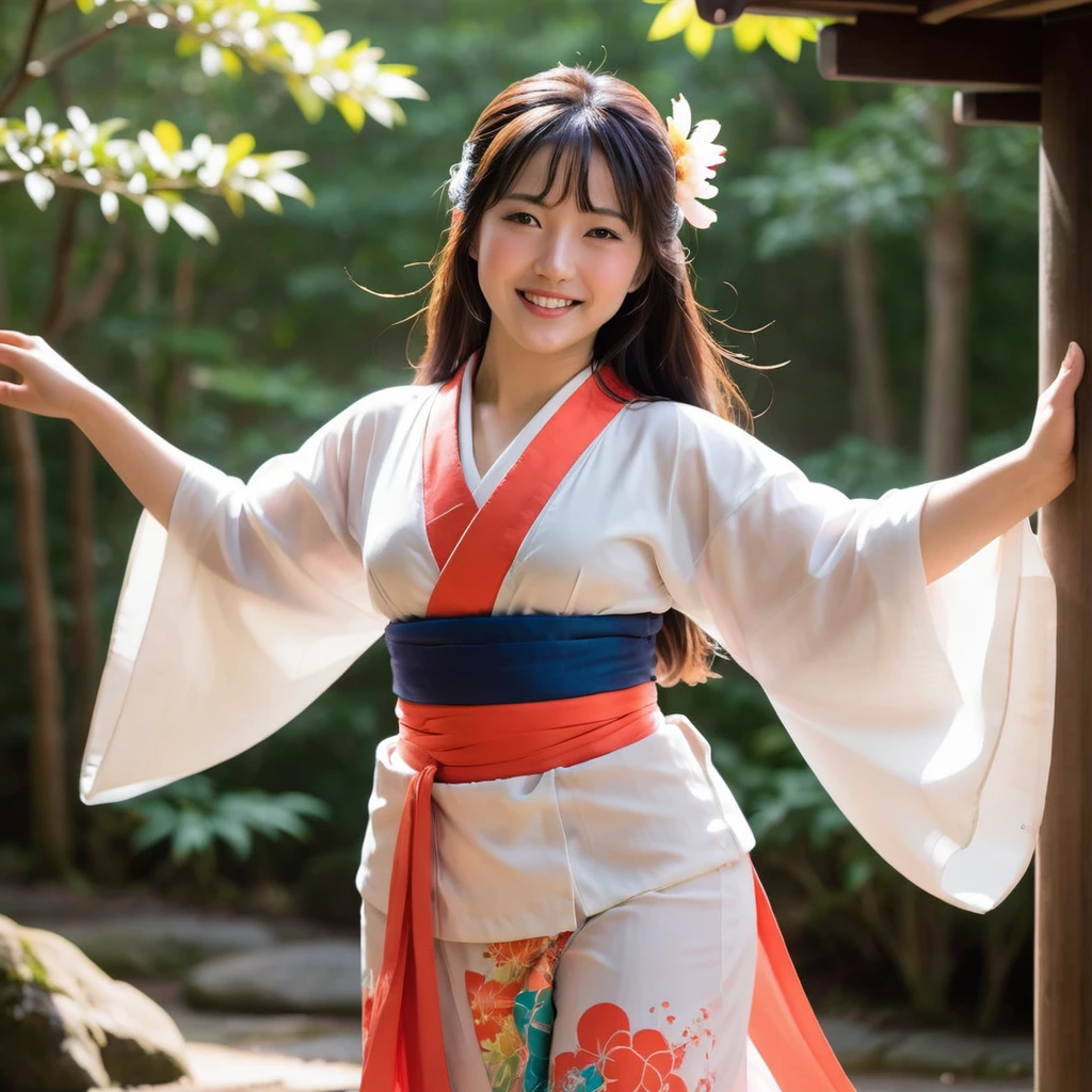 Ame-no-Uzume, the Shinto goddess from Kojiki, depicted in a realistic style. She is a cheerful and bright figure, known for her dance to coax Amaterasu out of the cave. She is portrayed as a beautiful woman with flowing, lush hair that moves gracefully with her dance. She wears vibrant, colorful garments that enhance her movements and add to her radiant appearance. Her expression is joyful and lively, with a captivating smile that brings happiness and energy to those around her. She is adorned with elaborate jewelry, emphasizing her divine and festive nature. The background is lively and celebratory, reflecting her role in bringing light and joy. Background, live venue, full house, enthusiastic fans, spotlight