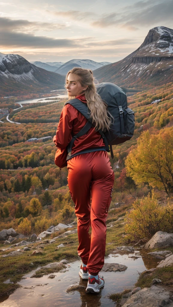 Naturescape photography; mountain climbing; Full body view; (1woman:0.5, solo), (slender body), (Small breasts) , (soaking wet red wind jacket ,tight cargo satin Pants, terrain running shoes, big rucksack), standing on a mountain peak, Rough track, boulders , (long yellow hair), (nordic girl, -yeld, ua delicate face, ultra Beautiful face, ultra delicate eyes, ultra detailed nose, ultra detailed mouth, ultra detailed facial features, natural skin, blemishes, blue eyes), (breasts are small: 0.5) (face is shiny:0.8), (natural skin:1  m, (Spectacular autumn rain, mountain views, with rugged Norwegian mountain ranges in the distance ), (Highest Quality, hyper-realistic:1.3, Super dense, very detailed illustration, Best image quality, very detailed illustration) natural skin, blemishes, detail skin texture, full body pose, natural skin poors, (((shot straight from the behind ))) she is uncomfortable and cold, afraid, sexy Ass, candid Ass,