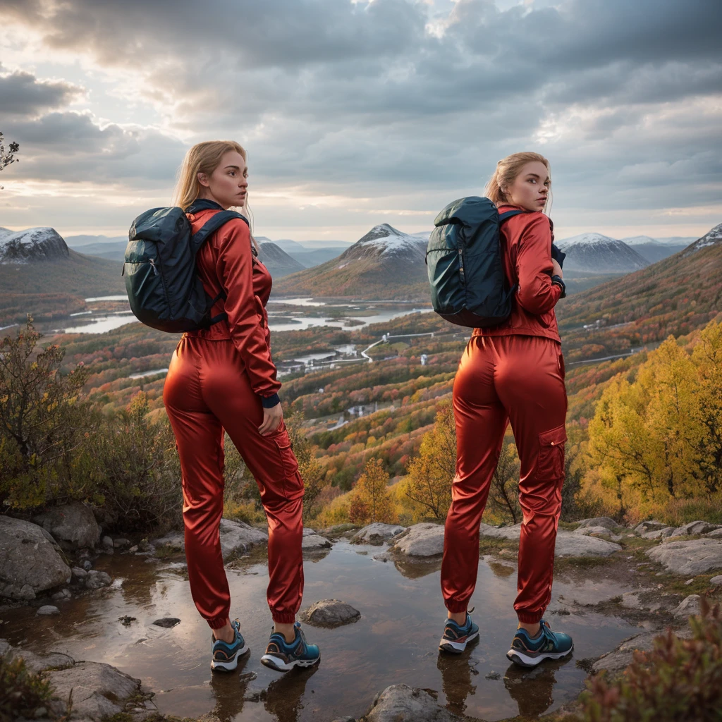 Naturescape photography; mountain climbing; Full body view; (1woman:0.5, solo), (slender body), (Small breasts) , (soaking wet red wind jacket ,tight cargo satin Pants, terrain running shoes, big rucksack), standing on a mountain peak, Rough track, boulders , (long yellow hair), (nordic girl, -yeld, ua delicate face, ultra Beautiful face, ultra delicate eyes, ultra detailed nose, ultra detailed mouth, ultra detailed facial features, natural skin, blemishes, blue eyes), (breasts are small: 0.5) (face is shiny:0.8), (natural skin:1  m, (Spectacular autumn rain, mountain views, with rugged Norwegian mountain ranges in the distance ), (Highest Quality, hyper-realistic:1.3, Super dense, very detailed illustration, Best image quality, very detailed illustration) natural skin, blemishes, detail skin texture, full body pose, natural skin poors, (((shot straight from the behind ))) she is uncomfortable and cold, afraid, sexy Ass, candid Ass,