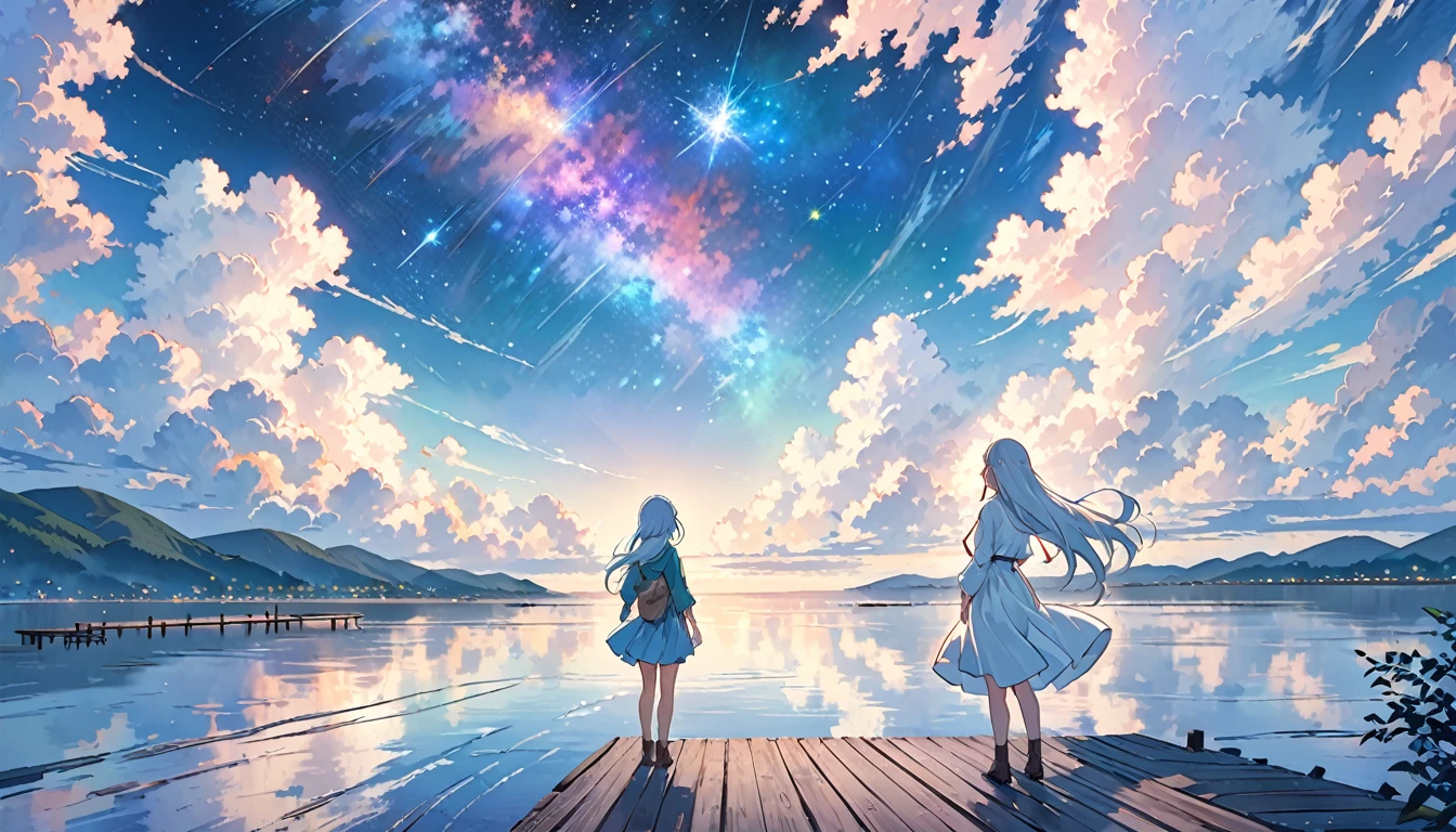 Anime Style Makoto Shinkai, Anime Characters A girl (white long hair) Standing on Pier And Looking At The Sky, Cosmic Sky With Dramatic Color, Backview, Makoto Shinkai Style Art, Best Quality, she is facing the sea and sky