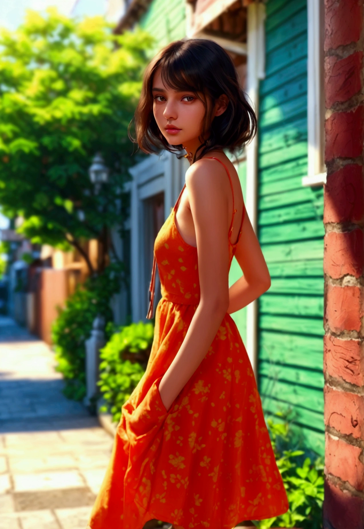 (anika) Ultra-realistic background, young woman,(anika), stylish summer outfit, short fashionable dress, accentuates figure, long dark hair, loose waves, confident expression, friendly, stepping out, house, well-maintained city neighborhood, well-kept buildings, clean streets, trees, sidewalks, natural lighting, vibrant city atmosphere, sunny summer day.