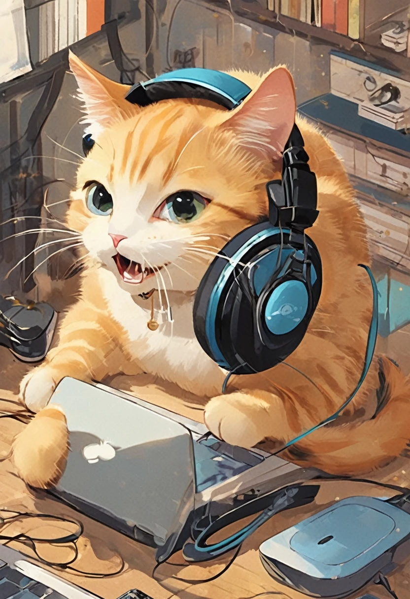 The image is a top view of the cat。A cat is operating a mouse。Hanging headphones around your neck。
