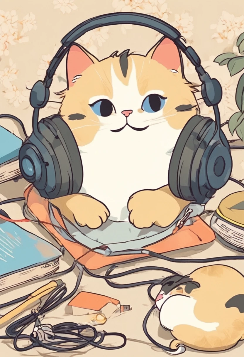 The image is a top view of the cat。A cat is operating a mouse。Hanging headphones around your neck。