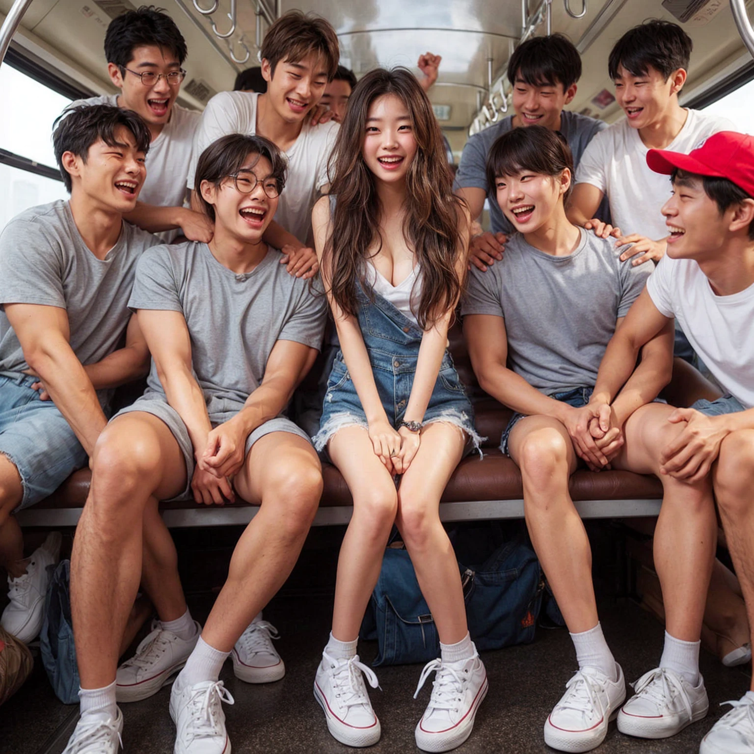 a beautiful young korean girl is having a summer picnic with a bus full of male passengers, the girl is wearing summer clothes and white sneakers with messy hair, standing among the men. the men on the bus are seen trying to hold the girl and joking around, the girl is seen screaming because she feels tickled by the hands of the men on the bus. they look happy and excited.