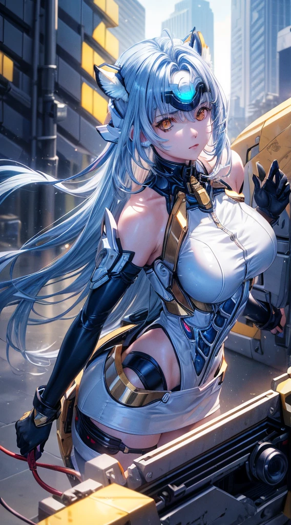 top-quality、masterpiece、超A high resolution、(Photorealsitic:1.4)、女の子1人、Light blue hair、Straight hair, shiny and clean hair、White shiny skin、Sexy Cyberpunk Girl、((super realistic details))、Shadow、octan render、ultrasharp、hyperdetailed face、Fiberglass、Luminous tube、highly intricate detail、Realistic light、CGSoation Trends、((Golden Eyes))、(Facing the camera)、neon detailechanical limbechanical vertebrae attached to the back、mechanical cervical attaching to neck、Wires and cables connecting to the head、((valkyrie))、((Beam Cannon))、Combat stance