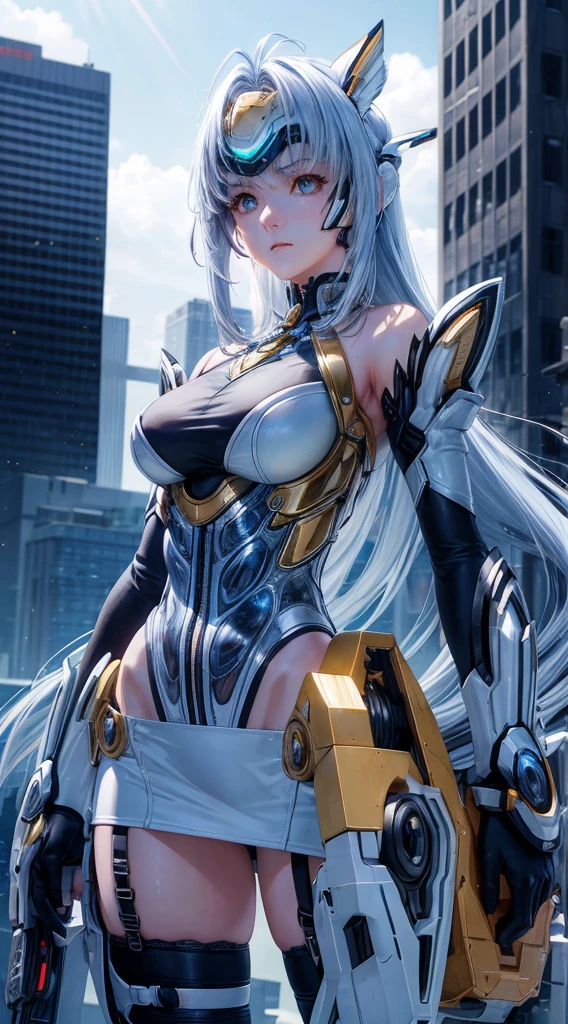 top-quality、​masterpiece、超A high resolution、(Photorealsitic:1.4)、女の子1人、Light blue hair、Straight hair, shiny and clean hair、White shiny skin、Sexy Cyberpunk Girl、((super realistic details))、Shadow、octan render、ultrasharp、hyperdetailed face、Fiberglass、Luminous tube、highly intricate detail、Realistic light、CGSoation Trends、((Golden Eyes))、(Facing the camera)、neon detailechanical limbechanical vertebrae attached to the back、mechanical cervical attaching to neck、Wires and cables connecting to the head、((valkyrie))、((Beam Cannon))、Combat stance