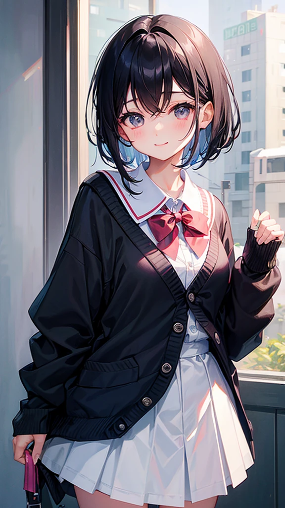 Short black hair and dark eyes、primary school student， girl、Small Breasts、Smile、、knitted cardigan、There are bright spots around the eyes、cute hairpin、I can see the whole body、School