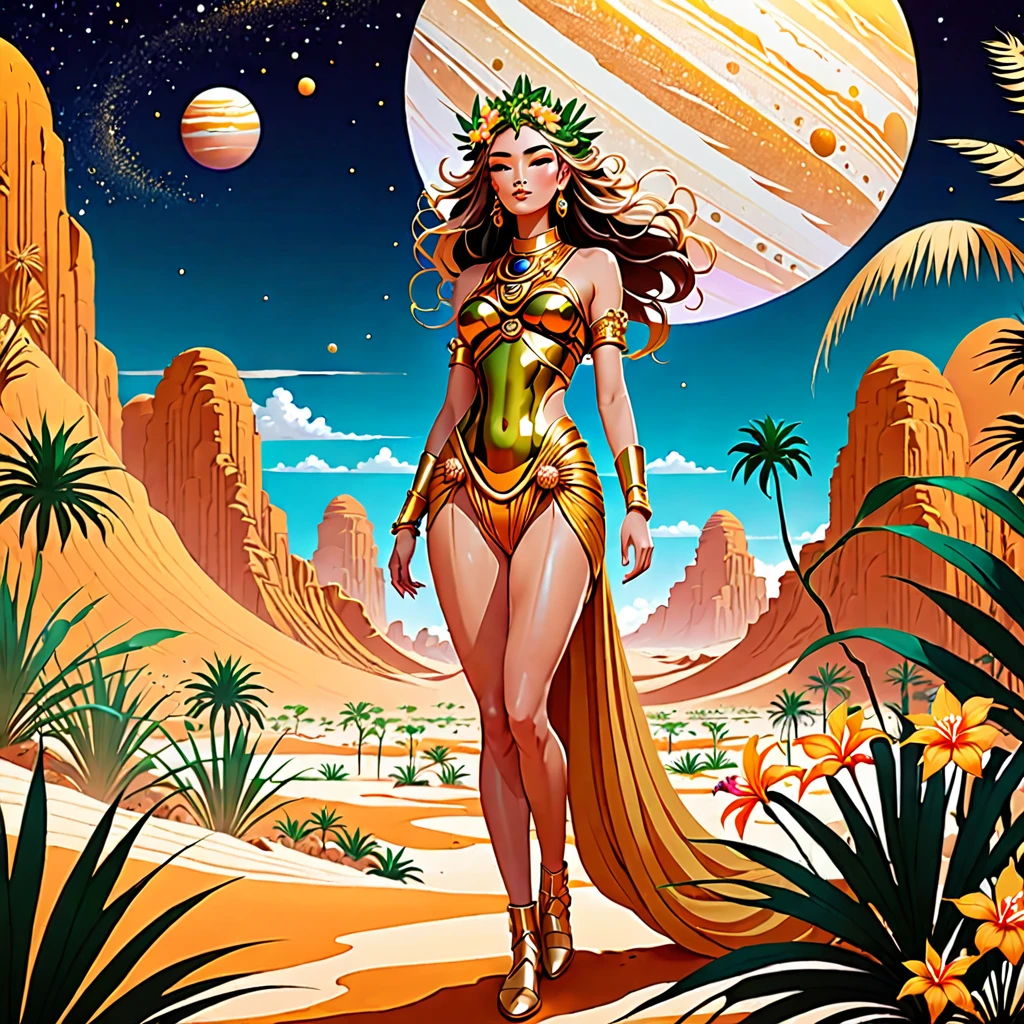 A god like Jupiter from a desert with a grain of ocher sand, in duality of juxtaposition with the nymph of an oasis with lush vegetation and tropical flowers,  space opera showdown, inspired by manhua aesthetics.