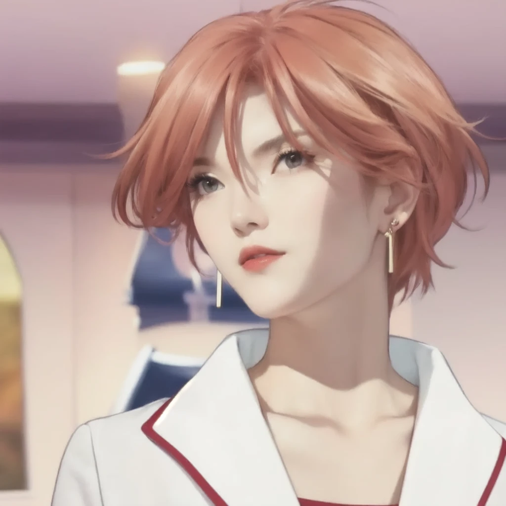 beautiful and gorgeous woman, red hair, white t shirt, really scarlet red lips that are too red, earrings