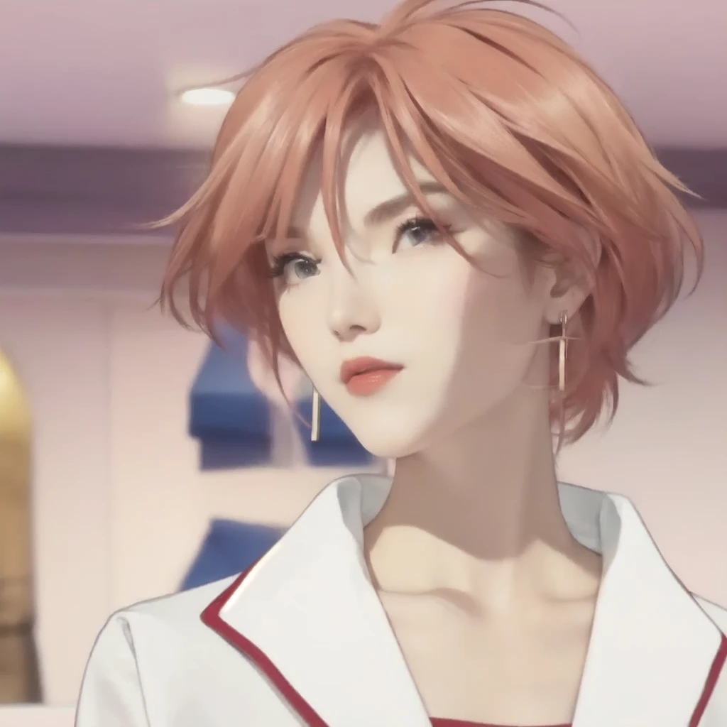 beautiful and gorgeous woman, red hair, white t shirt, really scarlet red lips that are too red, earrings