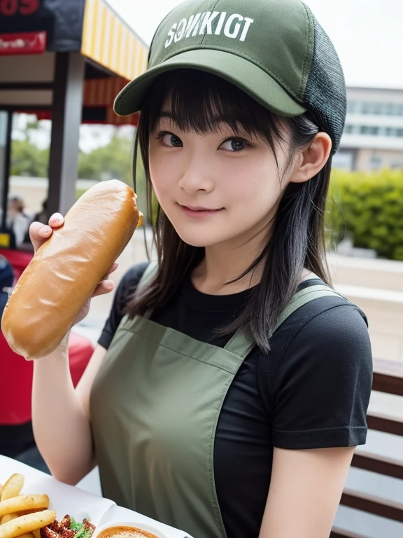 (Ultra-high resolution), (masterpiece), (Attention to detail), (high quality), (最high quality), ((Upper Body Shot)) , One Girl, Generate an image of a female employee working at an outdoor fast food stand。she、Green T-shirt, Khaki Apron, hat, Wearing a name tag、Hot dogs and fries are served。In the background、wood々, Picnic table, There are colorful signs。