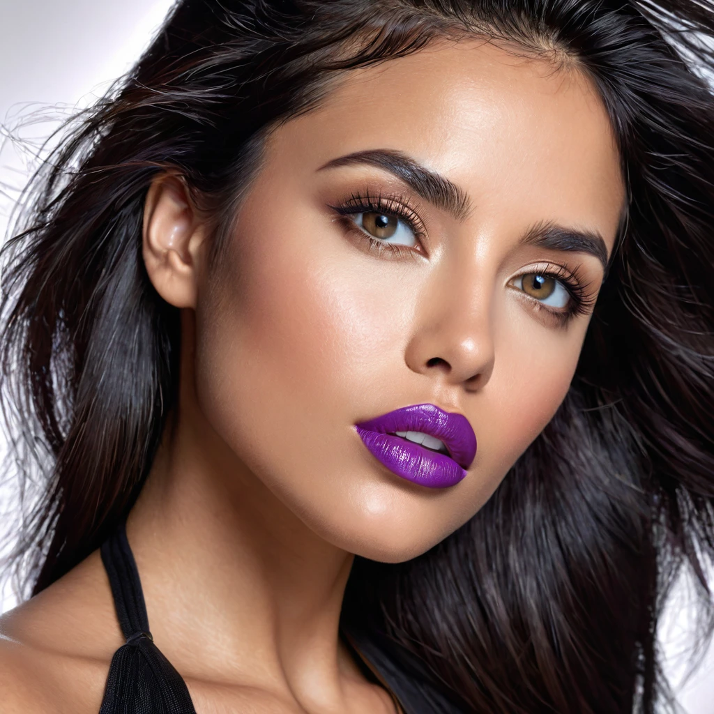 A photoreal close up of a stunning 28-year-old Latina model looking up to the sky, straight black hair, and striking grey eyes. Facing straight to the camera. Her beautiful lips with purple lipstick accentuate her wheatish skin with light brown tone highlights. Dressed in a chic black top, the image should be full body shot, 8k hdr, high detailed, and focused on capturing her mesmerizing beauty, soft day lighting.