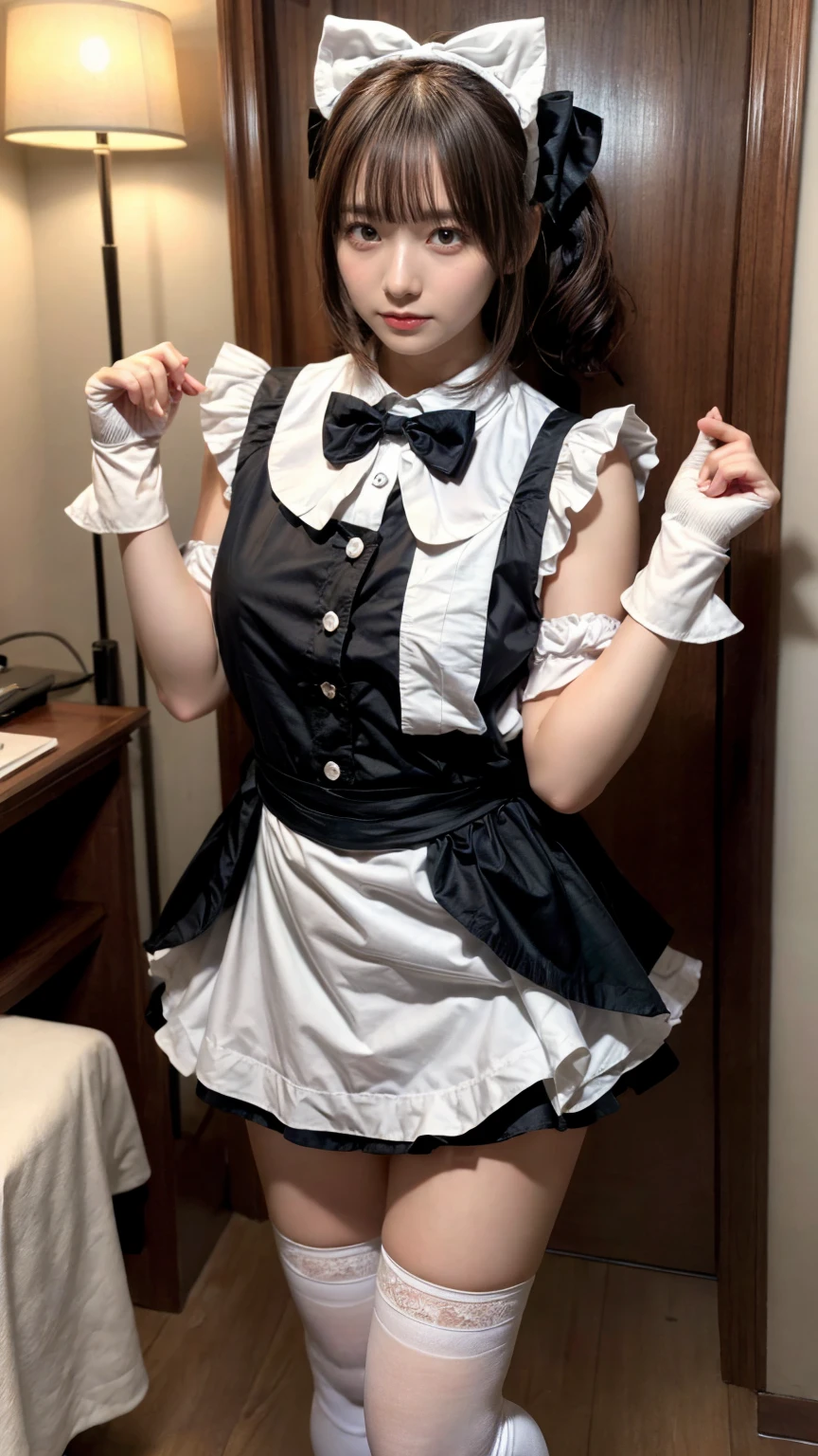 masterpiece, best quality, illustration, Super detailed, fine details, High resolution, 8K,wall paper, perfect dynamic composition,(Details High quality, realistic depiction of eyes:1.3), short hair, (wavy hair:1.2), huge breasts, hotel room, (bow ribbon, Maid, knee high socks:1.3), Aside Cutter Shirt, frill skirt, huge breasts, Don't expose it, ponytail, black hair color, Big Natural Color Lip, perfect body shape, bold sexy pose, crying a little、Harajuku style、20 year old girl、cute type、beautiful legs, full body photo、focus on crotch, hposing Gravure Idol