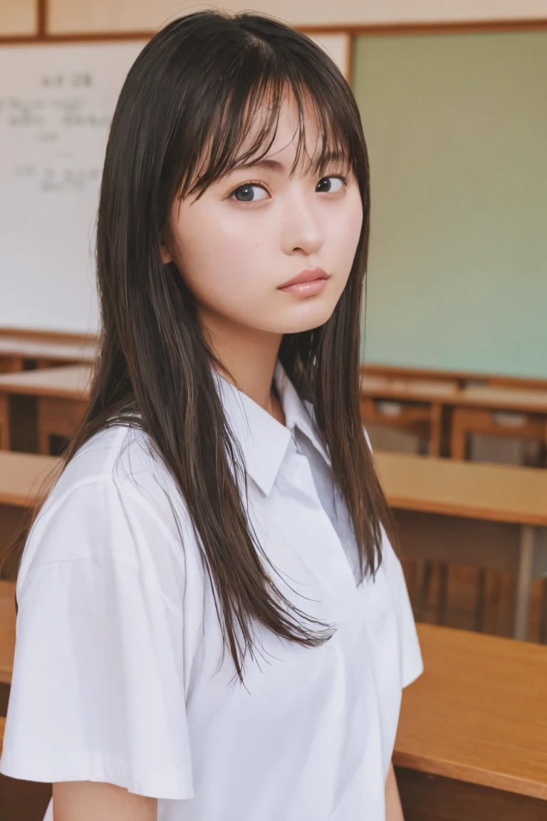(Highest quality:1.4),(masterpiece:1.4),(Realistic:1.4),(Realistic:1.2),(超High resolution, RAW Photos:1.4),(High resolution, Ultra-detailed:1.2),(8K:1.2),Movie Photos,a photo of a dark-haired,One girl,alone,Wearing school uniform,((Japanese Classroom))、((Upper Body:1.3))