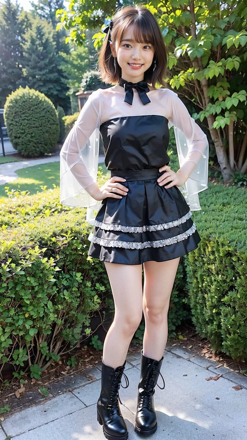 (8K、RAW Photos、Highest quality、masterpiece:1.2)、(Highest quality、Realistic)、1 Girl、((Tube top、mini skirt、Idol Costume、ribbon、Medium Hair、See-through、smile、Silver and Black、Thin legs、whole body、boots、garden、View from the front、Looking into the camera、Stand with hands on hips))、cute
