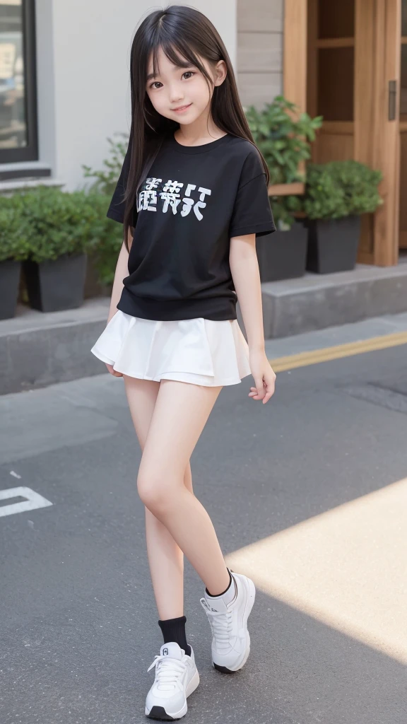 Very cute face、smile、ars old、girl、Fluffy long hair、Beautiful legs、Beautiful body、Thin legs、White skin、Black T-shirt、Black mini skirt