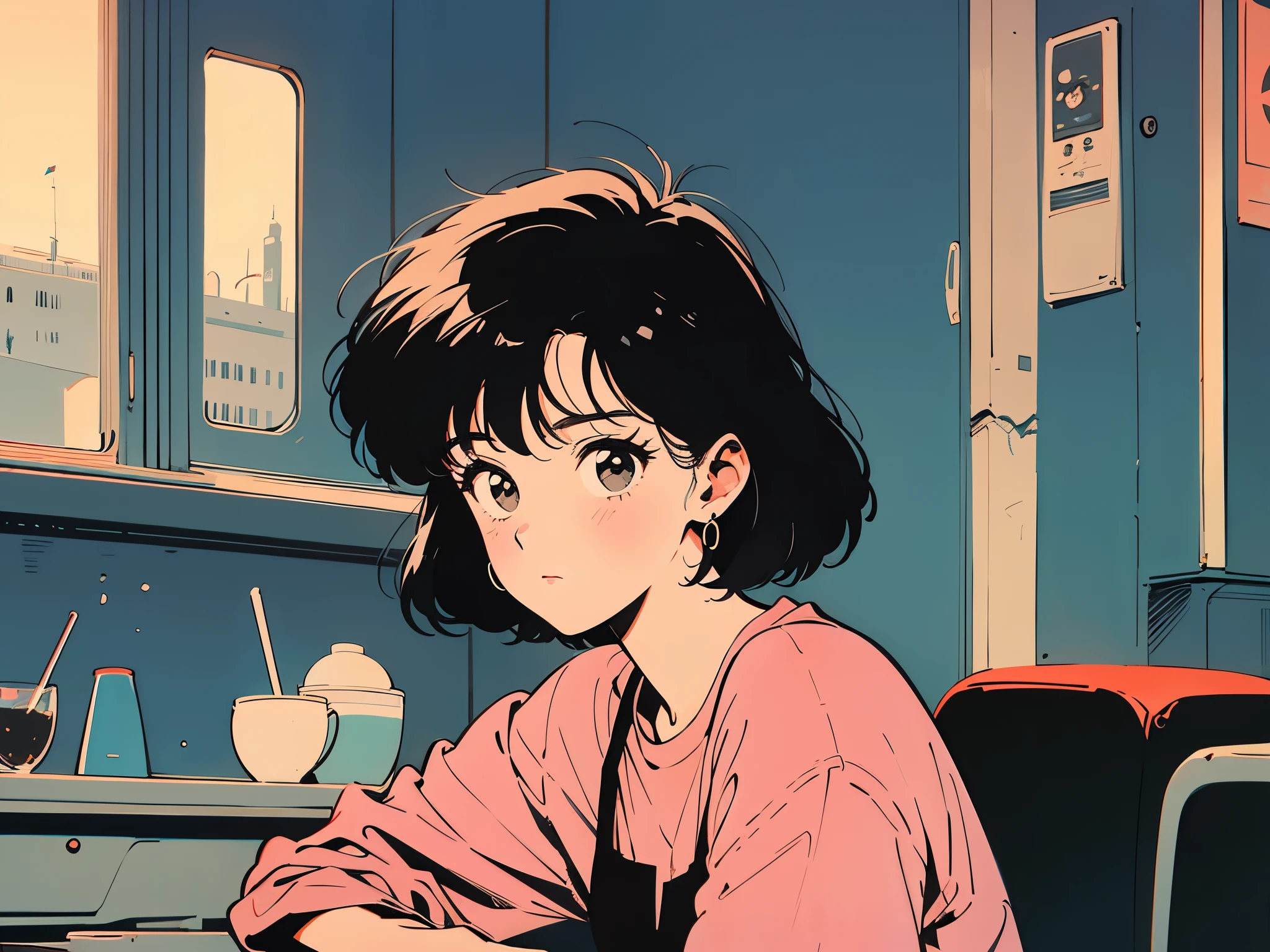 Highest quality,wallpaper,masterpiece,Super detailed,8K,wallpaper,Retro,(One female:1.5),Woman with short hair,Cafe,Meeting someone,(He looks bored.),City Pop,Urban Pop,Retroなレコードジャケットのイラスト