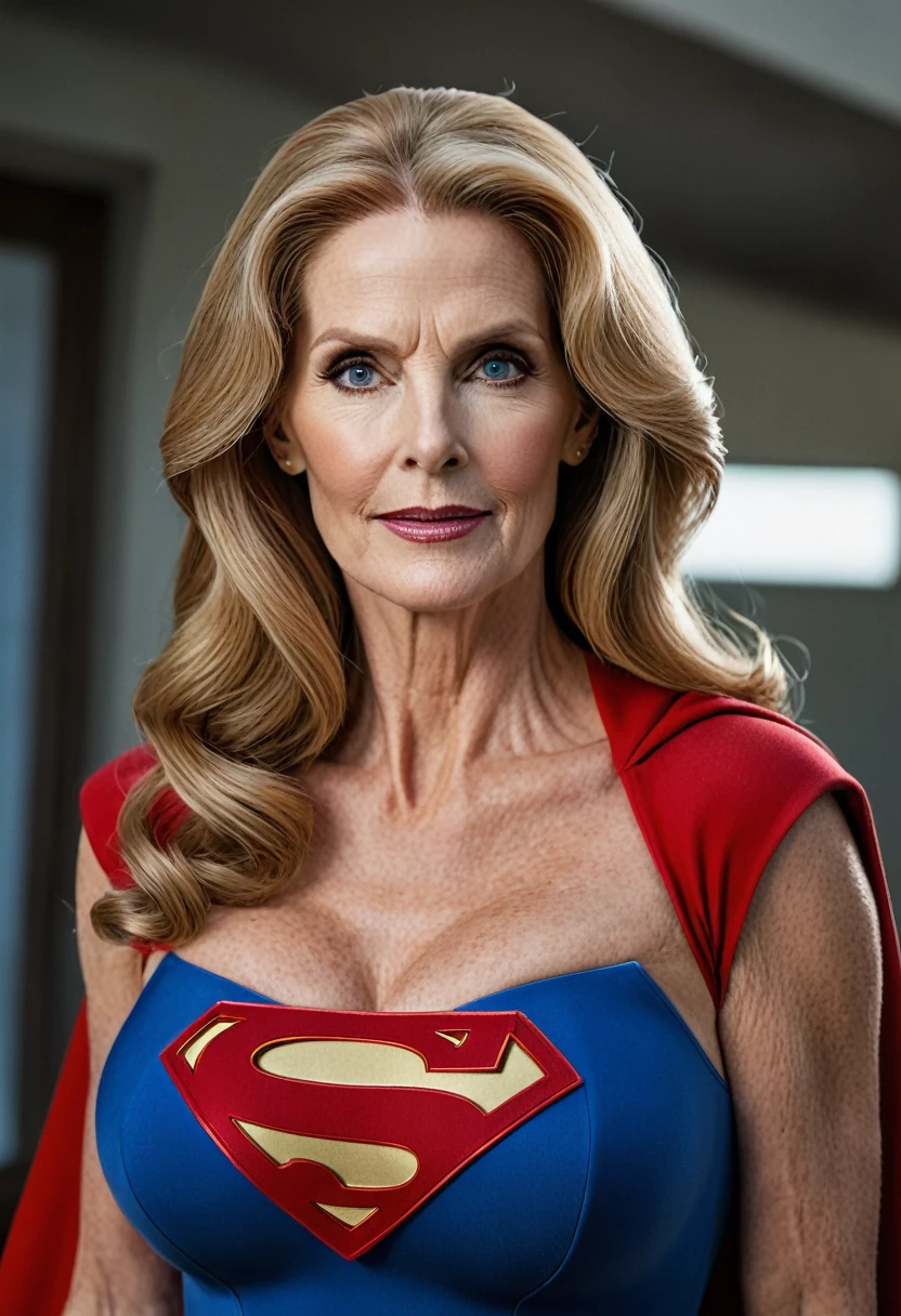Close-up; old Julie Hagerty Supergirl; big and super strong breasts. HD. Photograph, ((realism)), extremely high quality RAW photograph, ultra detailed photograph, sharp focus, high resolution, (detailed skin:1,3),high quality, film grain, Fujifilm XT3,Highly Detailed, movie, (Cinematic Photo:1.3) of (Realistic:1.3)