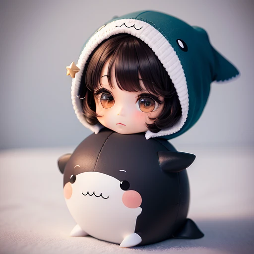 High quality,Masterpiece, Chibi, Nerdrooid, Mega Mini, hat, Whale costume, have dark hair, Bob hairstyle,