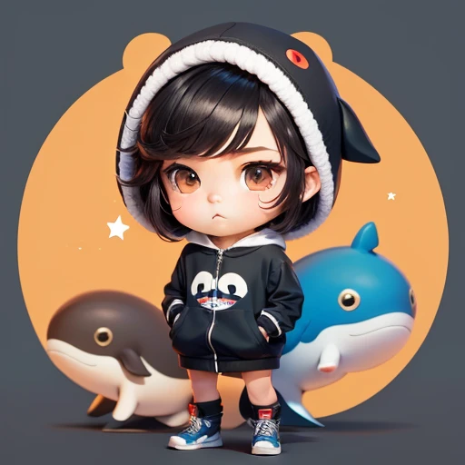 High quality,Masterpiece, Chibi, Nerdrooid, Mega Mini, hat, Whale costume, have dark hair, Bob hairstyle,