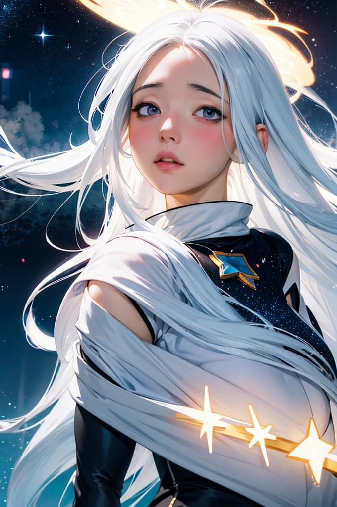 anime girl with long white hair and a star in her hair, white haired god, anime girl cosmic hair, star(sky) starry_sky, Anime pictures of cute girls, splash anime art , White glowing aura, girl with white hair, ethereal anime, akasuki voidstar, Heavenly Aura, Nightcore, anime moe art style