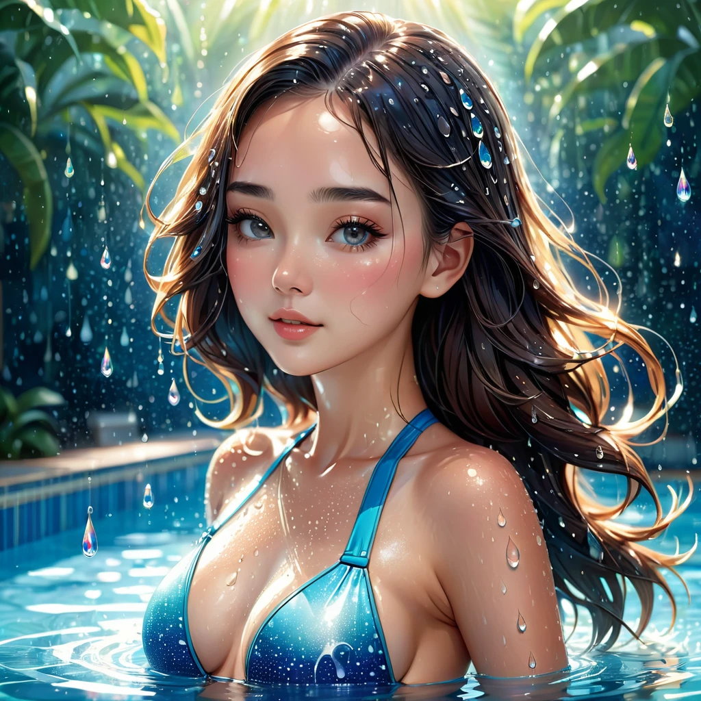 one beautiful girl,wearing Swim suit,She Play in the pool,The water droplets on my chest are shining,(masterpiece), (best quality), (ultra-detailed), (illustration), (detailed light),(an extremely delicate and beautiful)