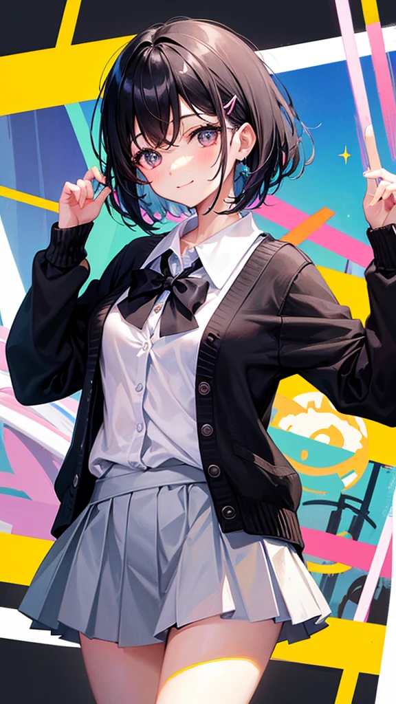 Short black hair and dark eyes、primary school student, girl、Small Breasts、Smile、、knitted cardigan、There are bright spots around the eyes、cute hairpin、I can see the whole body、School