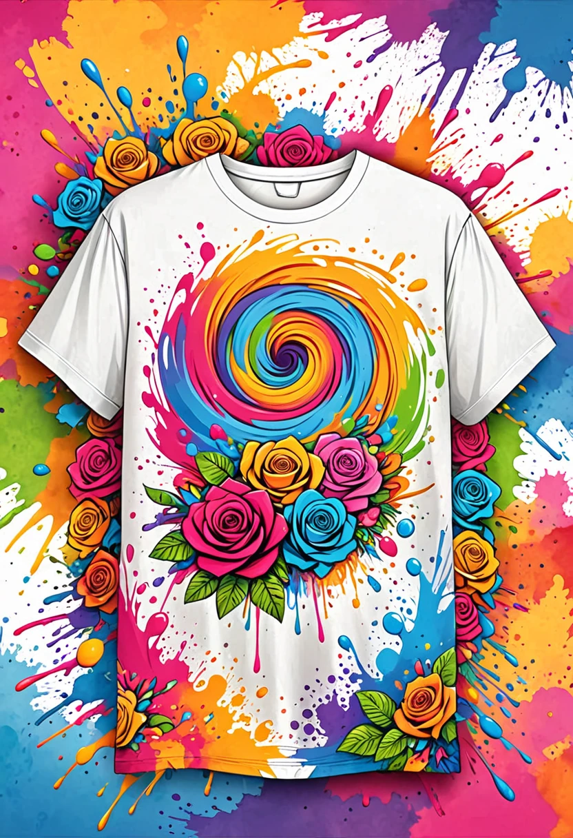 Designer t-shirt with colorful illustration with many roses, At the center, swirly vibrant colors, paint splashes and smears, t-shirt design with high detail, Hawaiian style background
