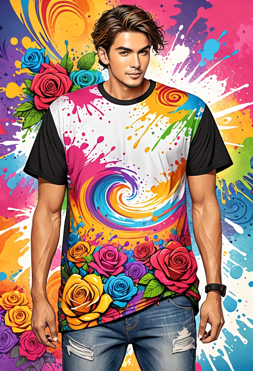 Designer t-shirt with colorful illustration with many roses, At the center, swirly vibrant colors, paint splashes and smears, t-shirt design with high detail, Hawaiian style background
